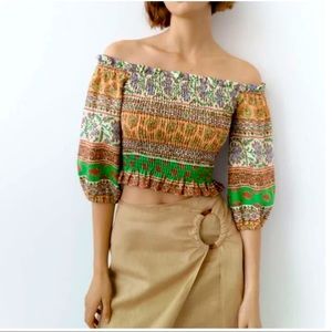 NWT ZARA Linen Blend Printed Smocked Top